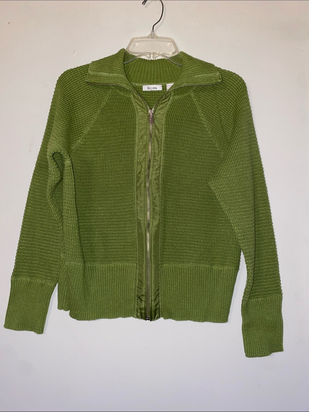 liz & co. Olive Green Zip-Front Knit Cardigan